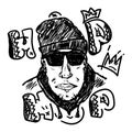 Sketch of the rapper`s portrait drawn by hand. Music print.