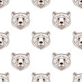 Sketch realistic face brown Bear seamless pattern. Hand drawn vector illustration in Doodle style. Engraving sketch for tattoos.