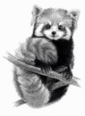 Red Panda isolated on white background. Detailed animal drawing, monochrome image