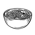 Sketch rice in bowl / cartoon hand drawn illustration, black and white, ink, sketch style