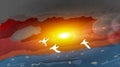 Sketch Of River Side Sunset, With Clouds And Birds, Flying . Royalty Free Stock Photo