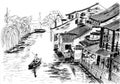 Sketch The river village wuzhen Royalty Free Stock Photo