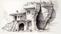 Sketch Of Romanesque Architecture Luxury Tiny Home With Canyon Royalty Free Stock Photo