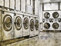 Sketch of a a row of industrial washing machines in a public laundromat Royalty Free Stock Photo