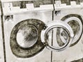 Sketch of a row of industrial washing machines in a public laundromat Royalty Free Stock Photo