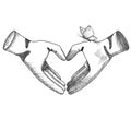 sketch of rubber gloves showing heart with bow tie