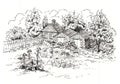 Sketch of rural landscape with old cottage, barn, garage and garden. Ink sketch Royalty Free Stock Photo