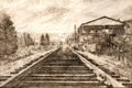 Sketch of a Rural Mountain Railroad Platform Waiting for Train and Passengers