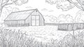 Barn and Hay Bales Sketch - Rural Farm Landscape with Trees Royalty Free Stock Photo