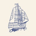 Sketch sailboat. Vintage medieval pirate running away ship and waves nautical travel vector floating sea concept