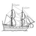 Sketch, sailing historic ship, coloring book, isolated object on white background, cartoon illustration, vector