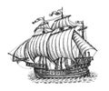 Sketch of sailing old ship. Nautical concept. Hand drawn vector illustration in vintage engraving style Royalty Free Stock Photo