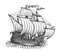 Sketch sailing old ship vector illustration. Sea vessel hand drawn in vintage engraving style Royalty Free Stock Photo