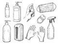 Sketch sanitizer bottle. Personal protective equipment. Medical mask, gloves, liquid soap and antibacterial spray. PPE