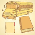 Sketch school bus, book and notebook