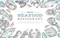 Sketch seafood banner. Drawing fish crab lobster salmon. Restaurant cafe menu vintage poster or flyer. Ocean food market Royalty Free Stock Photo