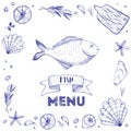 Sketch seafood frame vector illustration. Hand drawn. Hand drawn fish menu in Engraved style.