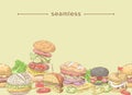 Sketch Seamless Burger Menu. Hand Drawn Hamburger, Cheeseburger or Beefburger Bistro Fastfood. Fast Food Meals