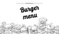 Sketch Seamless Burger Menu. Hand Drawn Hamburger, Cheeseburger or Beefburger Fast Food Meals, American Junk Snacks