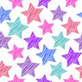 Sketch seamless pattern with stars. Red pink lilac blue stars on