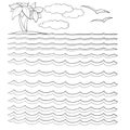 Sketch, seascape with sea and palm, coloring book, isolated object on a white background, cartoon illustration, vector Royalty Free Stock Photo