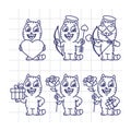 Sketch Set Character Cat Holding Flower Gift Heart Arrows and Bo