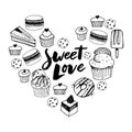 Sketch set of dessert. Pastry sweets collection Hand drawn vector illustration. Retro style