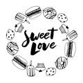 Sketch set of dessert. Pastry sweets collection isolated on white background. Hand drawn vector illustration. Retro style Royalty Free Stock Photo