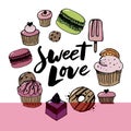 Sketch set of dessert. Pastry sweets collection isolated on white background. Hand drawn vector illustration. Retro style Royalty Free Stock Photo