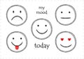 Sketch set of five smilies with differetn emotions for every day isolated on white, horizontal vector