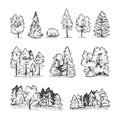 Sketch vector set of hand drawn tree and landscapes. Black line isolated on white