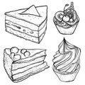 Sketch set of tart, slice of cake.