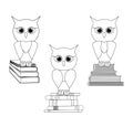 Sketch set of wise owls on a stack of books. Vector outline owl character in black line flat style