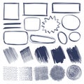 Sketch shapes. Hand drawn monochrome geometric elements frames, strokes and shade, hatched round and square shapes