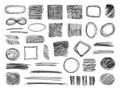 Sketch shapes. Hand drawn scribble frames. Pencil doodles. Sketched textures isoloted vector set