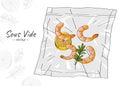 Sketch shrimps with lemon and rosemary in a vacuum bag isolated on a white background