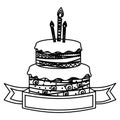 sketch silhouette birthday cake two floors with candles and ribbon Royalty Free Stock Photo