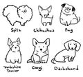 Sketch of six breeds of cute small dogs, vector lineart Royalty Free Stock Photo