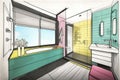 sketch of a sleek and modern bathroom, with pops of color and unexpected details Royalty Free Stock Photo