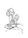 Sketch of small buddhist stupa surrounded by trees,