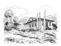 Sketch of small monastery with praying flags and small stupa surrounded by trees on background of mountains, Hand drawn vector