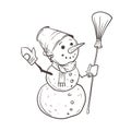 A sketch of a snowman with a bucket on his head and a broom in his hand.