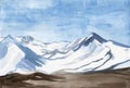 A sketch of a Snowy hills scenic landscape - Mountains in a snow, watercolor hand-drawn illustration