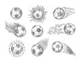 Sketch soccer balls. Hand drawn flying association football ball, european sport and fast motion black and white ball