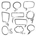 Sketch speech bubbles. Doodle message bubble elements, thinking balloons with scribble pencil texture. Isolated cartoon