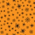 Sketch spider web Halloween seamless pattern. Spider web Halloween seamless in hand-drawn style on orange background. Spooky Royalty Free Stock Photo