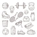 Sketch sports equipment. Ball, dumbbell and tennis rackets, boxing glove and jump rope, sports nutrition. Doodle fitness