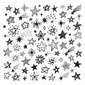 Sketch stars collection. Hand drawn star, sky drawing comet with burst. Scribble space elements, isolated doodle grunge