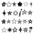 Sketch stars collection. Star sketched, doodle drawn decorative space elements. Marker sketchy, brush starred decoration