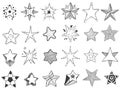 Sketch stars. Doodle star shape, cute hand drawn starburst and rating stars vector set